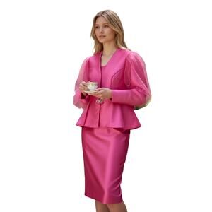 NWOT $199 EY Boutique 3 Piece Skirt Suit set Sheer Embellished Size 16 Pink